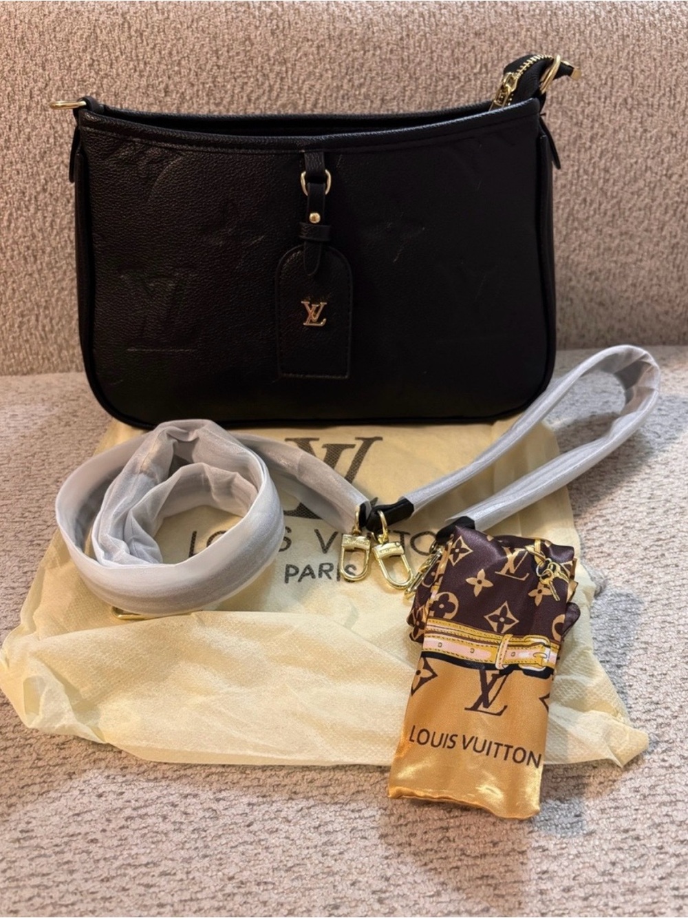 *Fashion Brand Elegant Black Monogram Embossed Shoulder Bag